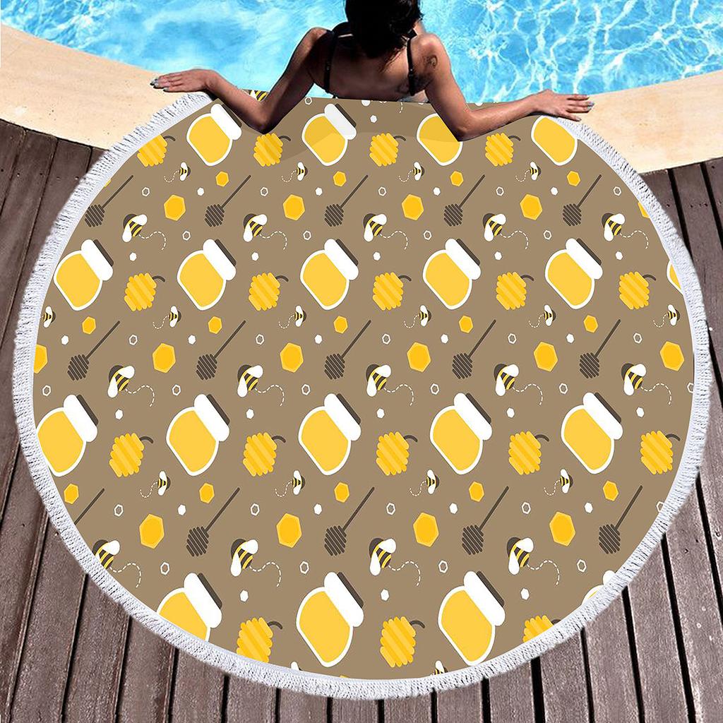 Yellow Bee Round Beach Towel Microfiber Quick Dry Lightweight Cartoon Animal Beach Blanket Throw Roundie Swim Pool Circle Towel