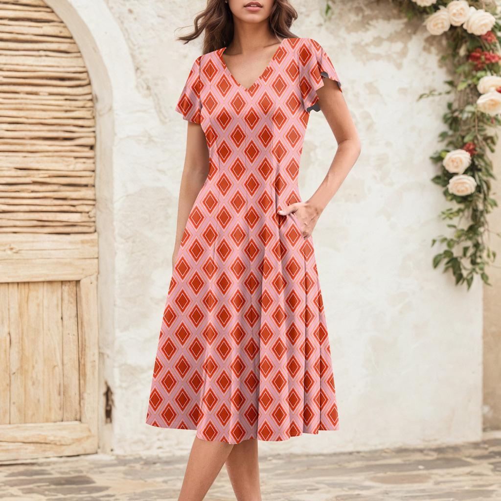 Rochie Midi Elegantă Retro de Vară pentru Femei cu Mâneci Volan V-Gât