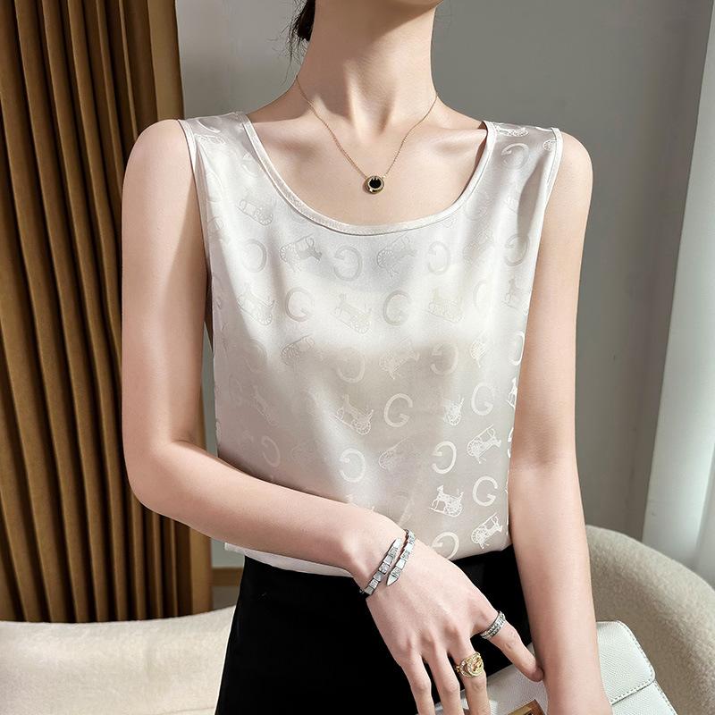 Acetate Satin Round Neck Printed Vest for Women In Summer Simple Smooth and Versatile Sleeveless Suspender Soft and Comfortable Top
