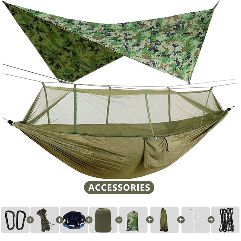 260x140cm Outdoor Double Camping Hammock with Mosquito Net and Rain Fly Tarp Lightweight Parachute Hammocks for Travel Hiking