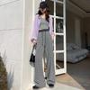 Women's Retro Grey Striped Wide-Leg Pants, Elastic Waist with Drawstring - High Waist, Loose Fit, Spring/Summer 2026 Collection.