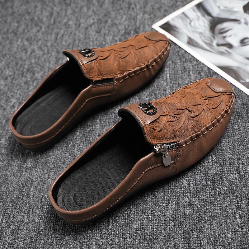 Fashion Leather Men’s Half Slippers Breathable Mens Casual Shoes Outdoor Men Loafers Lazy Shoes Flats Comfortable Male Sneakers