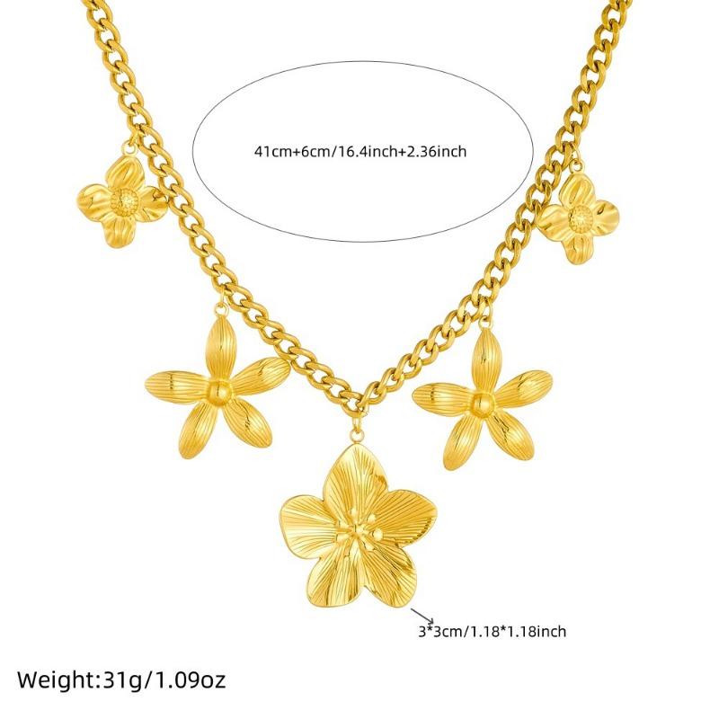 Flower Charm Cuban Chain Necklace For Women Gold Plated Stainless Steel Nature Inspired Jewelry