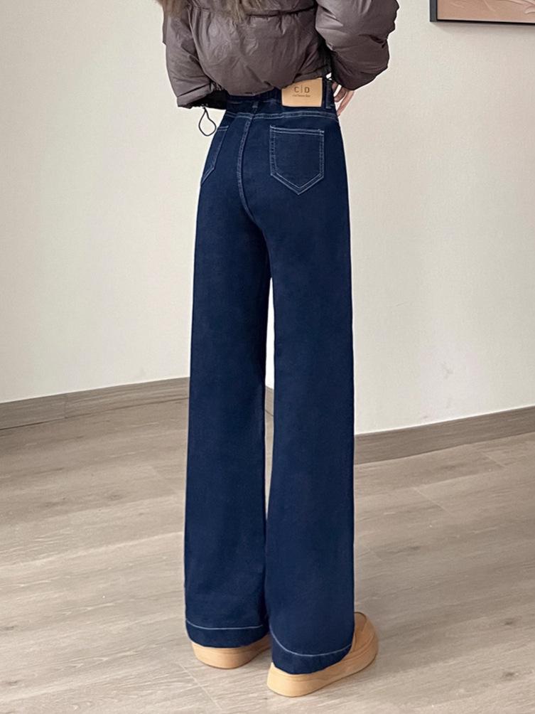 Dámské džíny s vysokým pasem a širokými nohavicemi, denimově modré, podšité fleecem