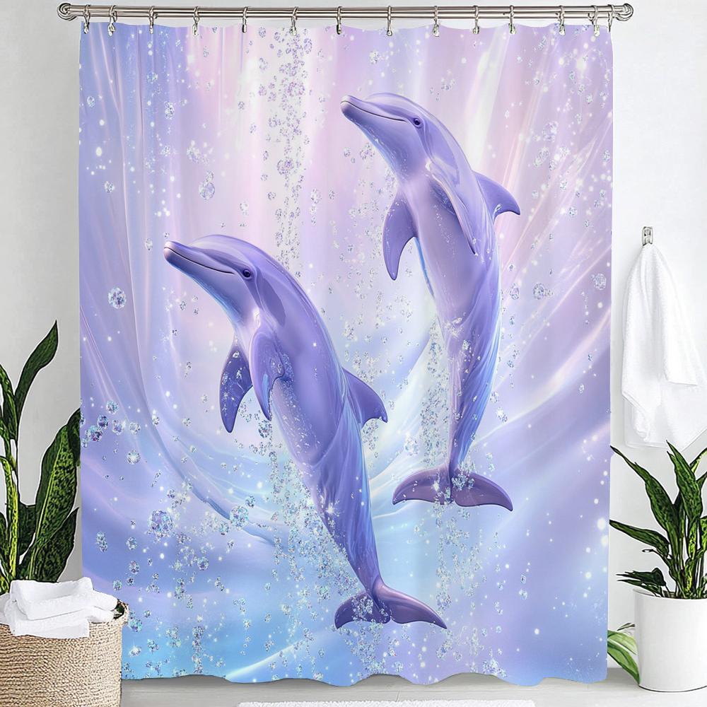 1pc Underwater World Blue Ocean Dolphin Cartoon Print Waterproof Shower Curtain Partition Privacy Hanging Curtain with 12 Hooks