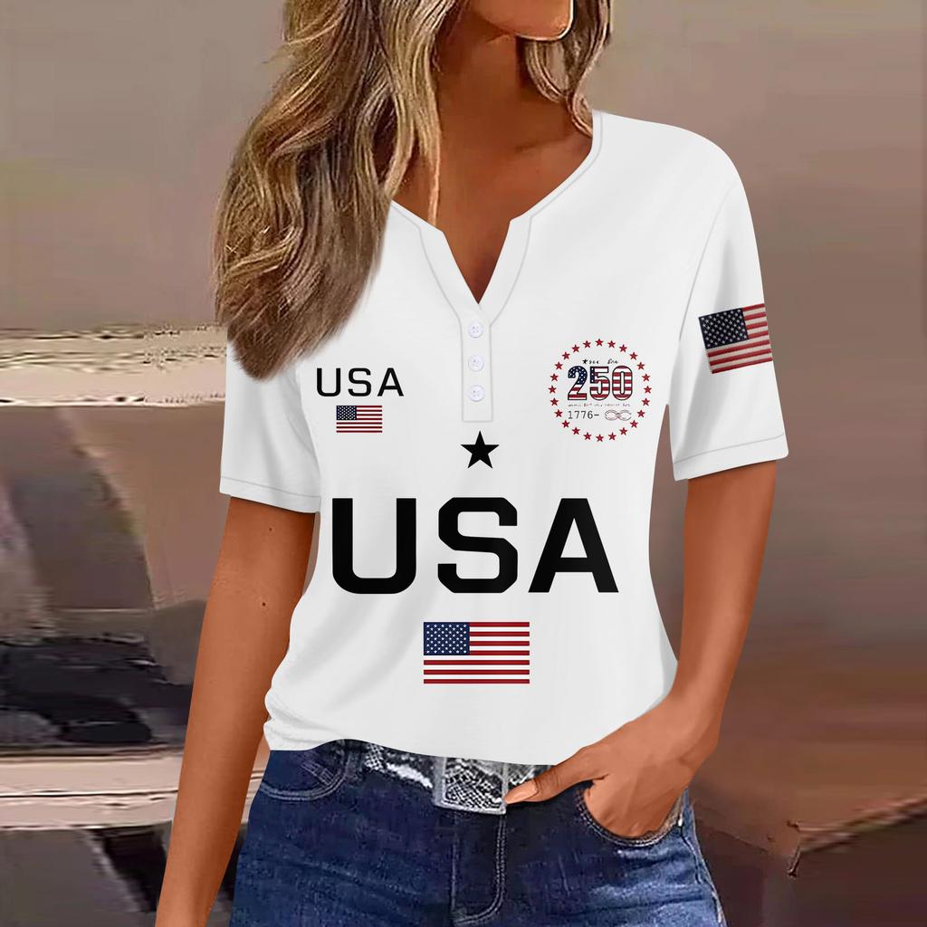 Damen-T-Shirt mit Aufdruck „Unabhängigkeitstag“ und Knopfleiste, kurzärmelig, für den Alltag und das Wochenende, modisch, Basic, V-Ausschnitt, normales Oberteil