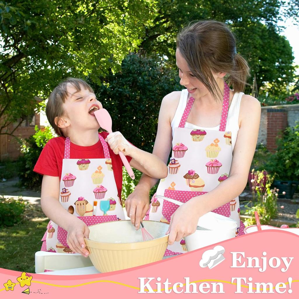 Kids Aprons for Cooking,Kids Chef Hat and Apron with Large Pocket for Baking Cupcake kids Apron for 6-12 Years