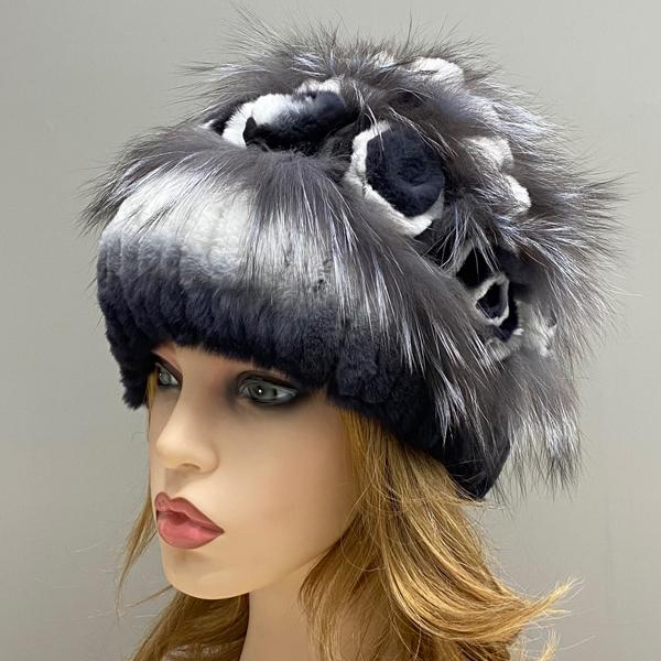 Knitted Hat Women Natural Fur Rex Rabbit Floral Cap Genuine Fur Fluffy Stylish Female Bonnets