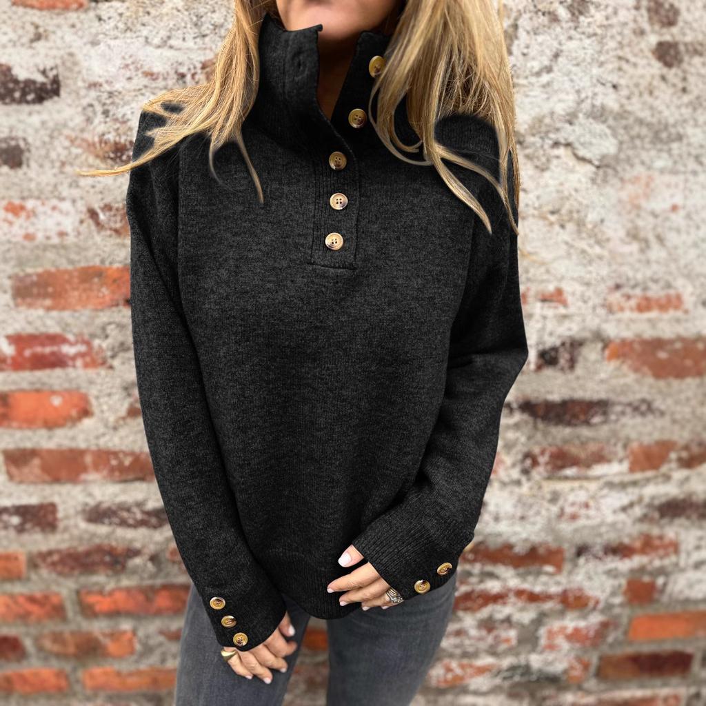 Autumn and Winter Stand Up Knitted Sweaters Solid Color Button Casual Loose Women's Sweaters