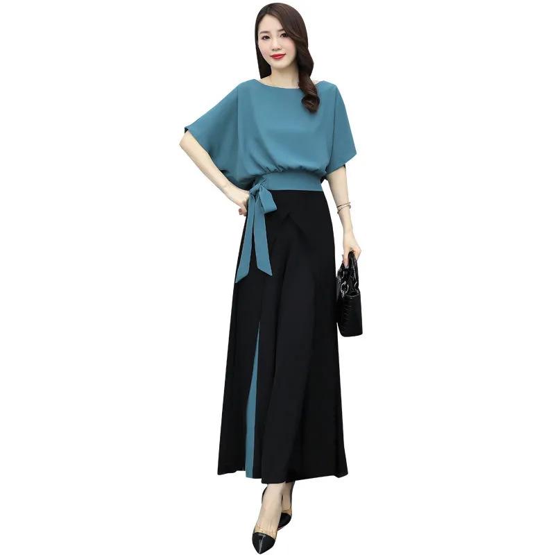 Summer Temperament Wide Leg Pants Suit Bow Short Sleeve Fashion Two Piece Suit for Women