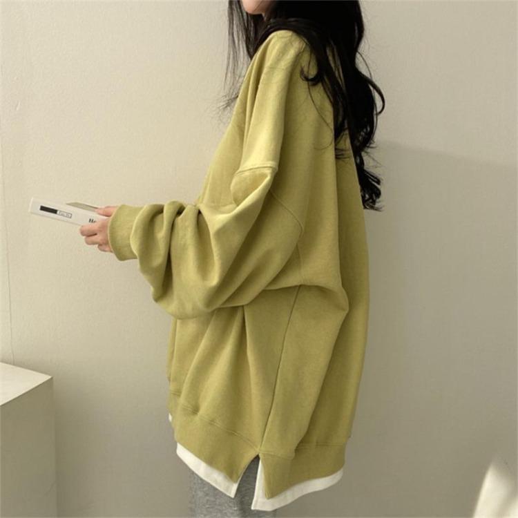 Ležérní volná dámská mikina Falešný dvoudílný top Univerzální studentský jednobarevný pulovr