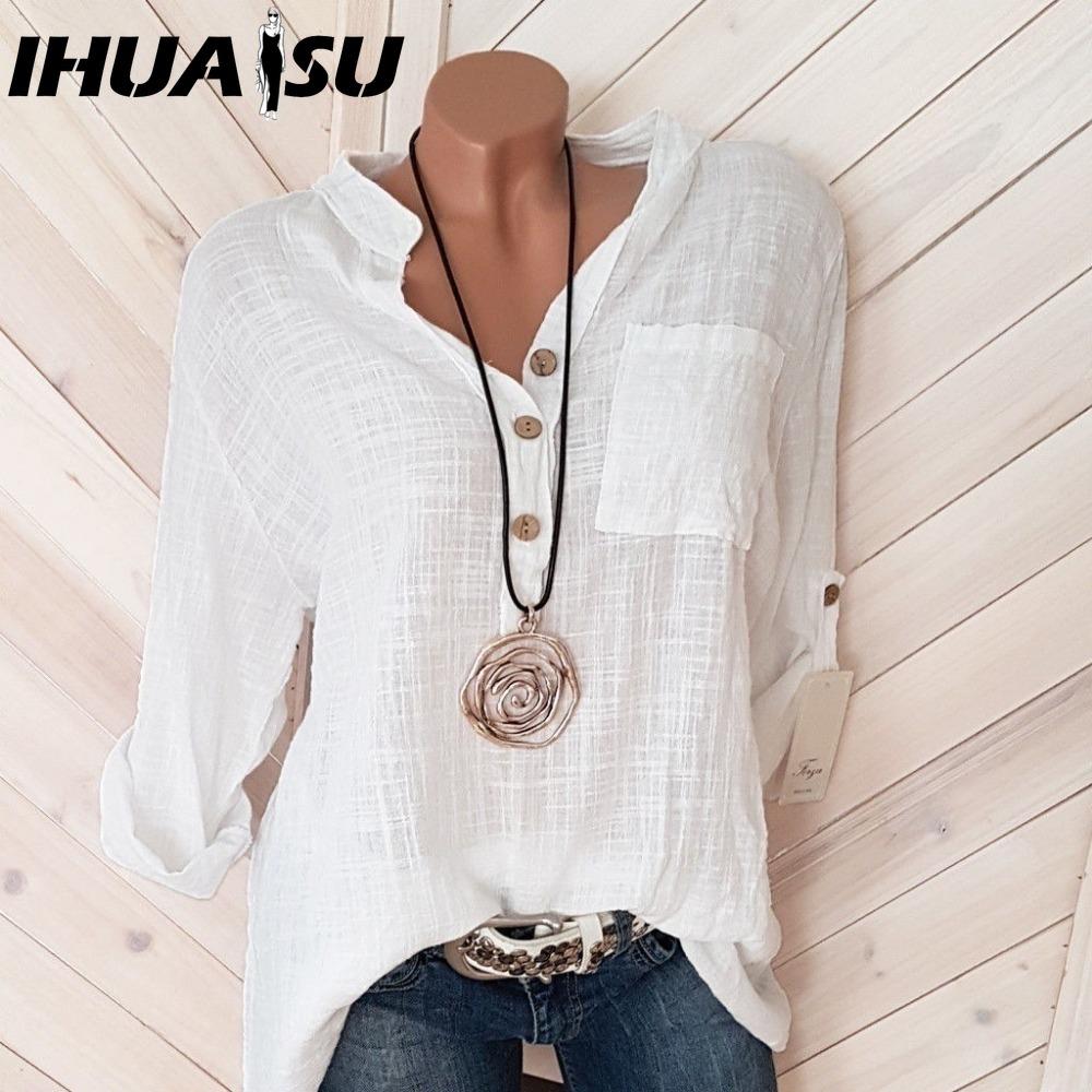 

IHUASU Женские модные повседневные однотонные блузки и рубашки-поло с длинным рукавом с принтом S белый