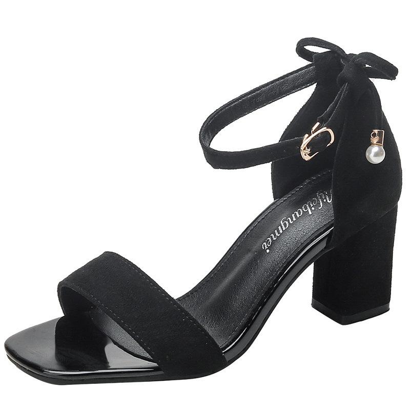 Popular Pearl Bow High Thick Heel Sandals Women's 2025 Summer Word with Round Head Open Toe Women's Shoes Spot