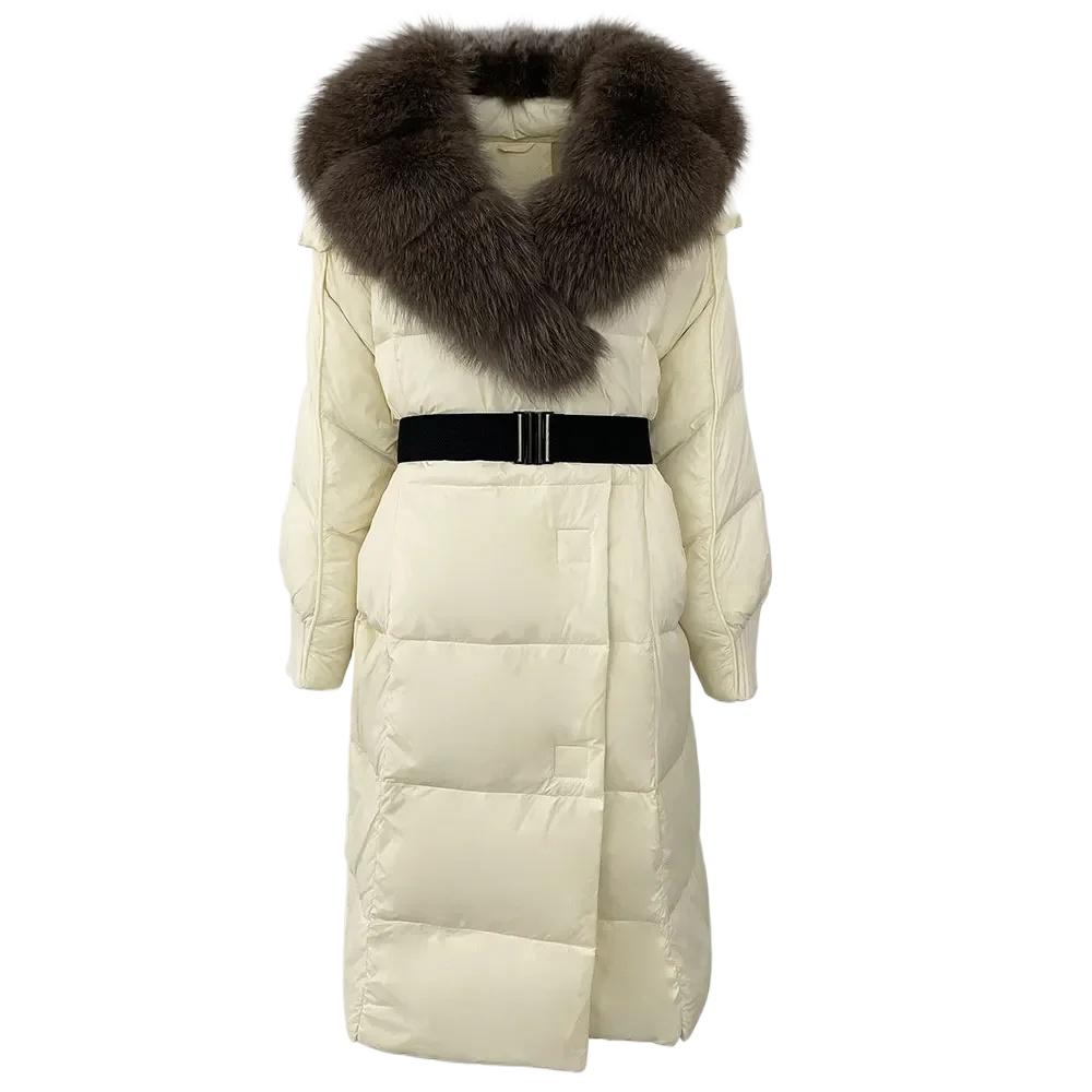 OFTBUY Winter Jacket Women Long Natural Real Raccoon Fox Fur Collar White Duck Down Coat Belt Thick Warm Casual Outerwear