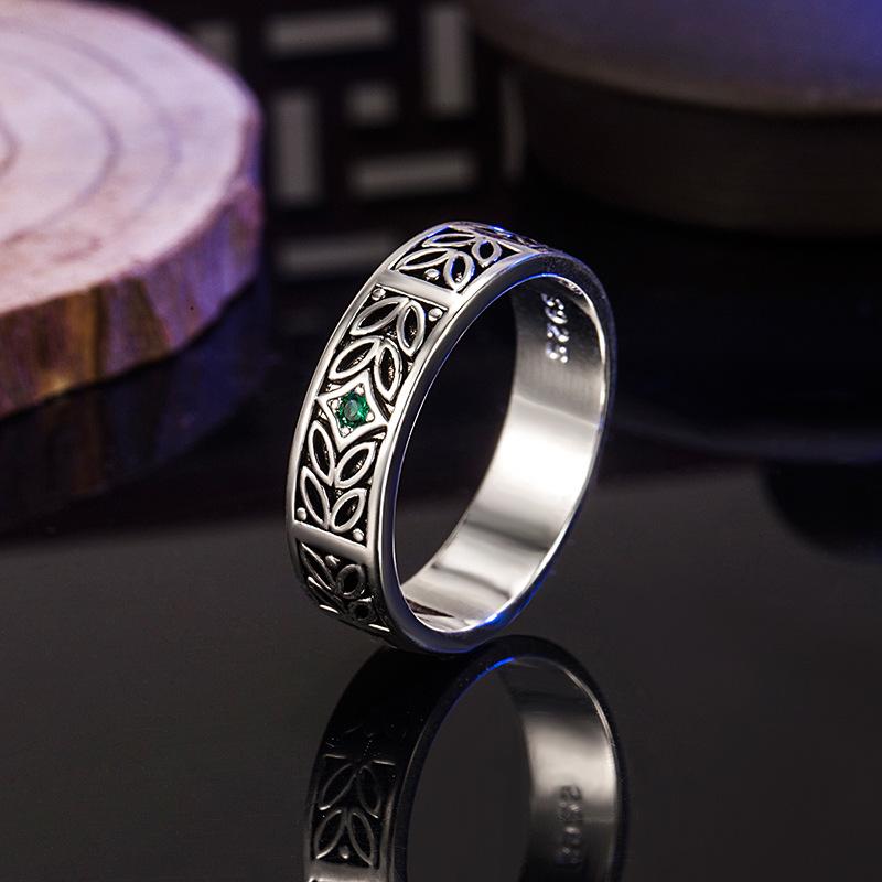 2026 Inlaid Emerald Ring Thai Silver Ring Men's Ring European and American Retro Emerald Men's and Women's Rings