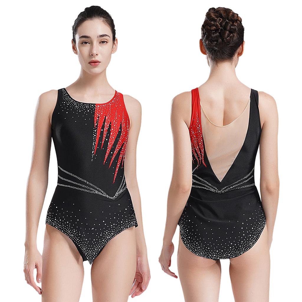 Women Shiny Rhinestone Ballet Dance Leotard Rhythmic Gymnastics Athletic Activewear Competition Costume Sheer Mesh Bodysuit