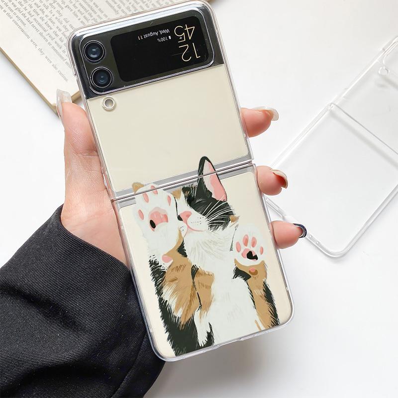 Lovely Cat Playing Fun Fashion Phone Case For Samsung Galaxy Z Flip 3 4 5 6 7 Hard Folding Z Flip4 Clear PC Cover Gift