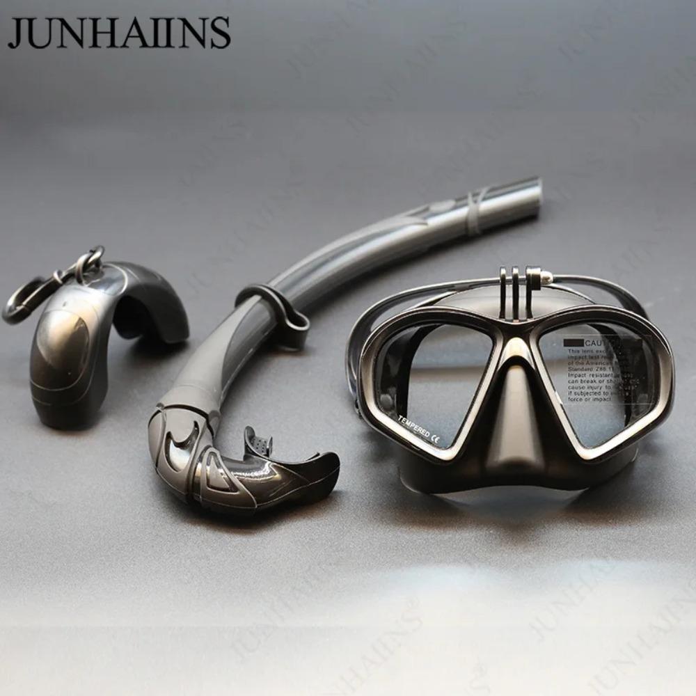 Wet Low Volume Diving Mask Tempered Glass Freedive Mask J-type Diving Mask Snorkel Set with Camera Mount Black