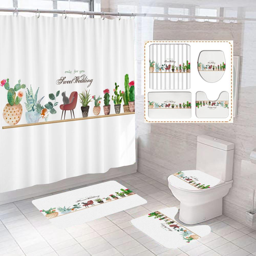 Green Tropical Plant Cactus Bathroom Curtain Polyester Fabric Shower Curtains Pedestal Rug Toilet Cover Bath Mat Set Home Decor