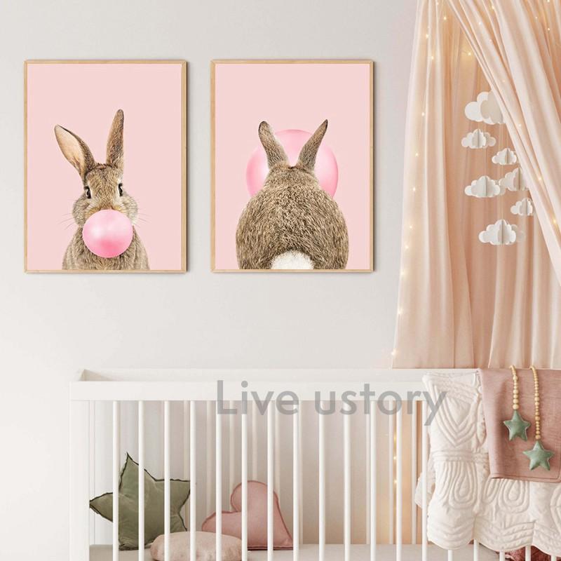Rabbit Bubble Gum Art Poster Prints Blue Pink Nursery Wall Art Canvas Paintings Wall Picture Baby Animals Bunny Nursery Decor