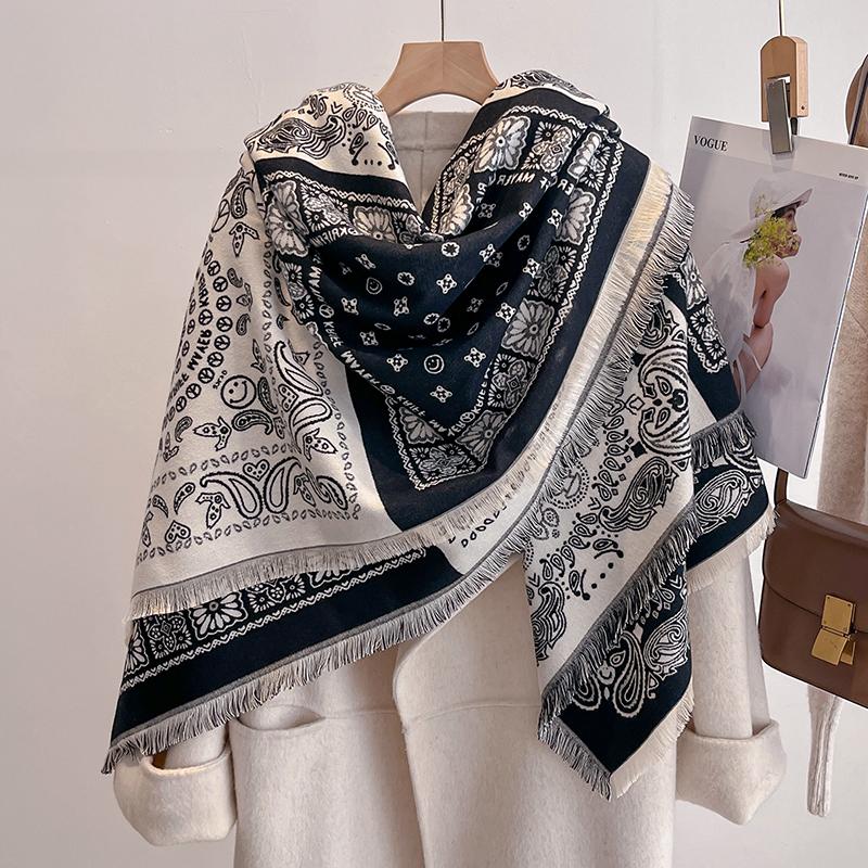 

Luxury Winter Cashmere Scarf For Women - Retro Printed Shawl With Tassels, Warm Pashmina Wrap & Bandana Poncho