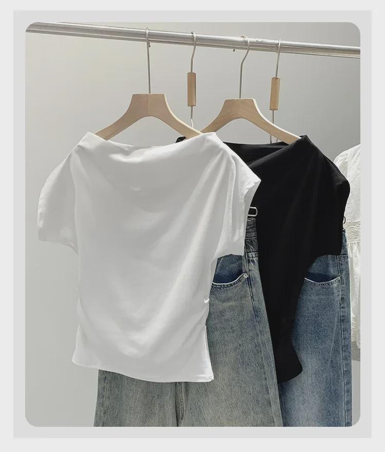 2024 Damen Sommer One-Shoulder Kurzarm Taillenbetonte Plissee-T-Shirts