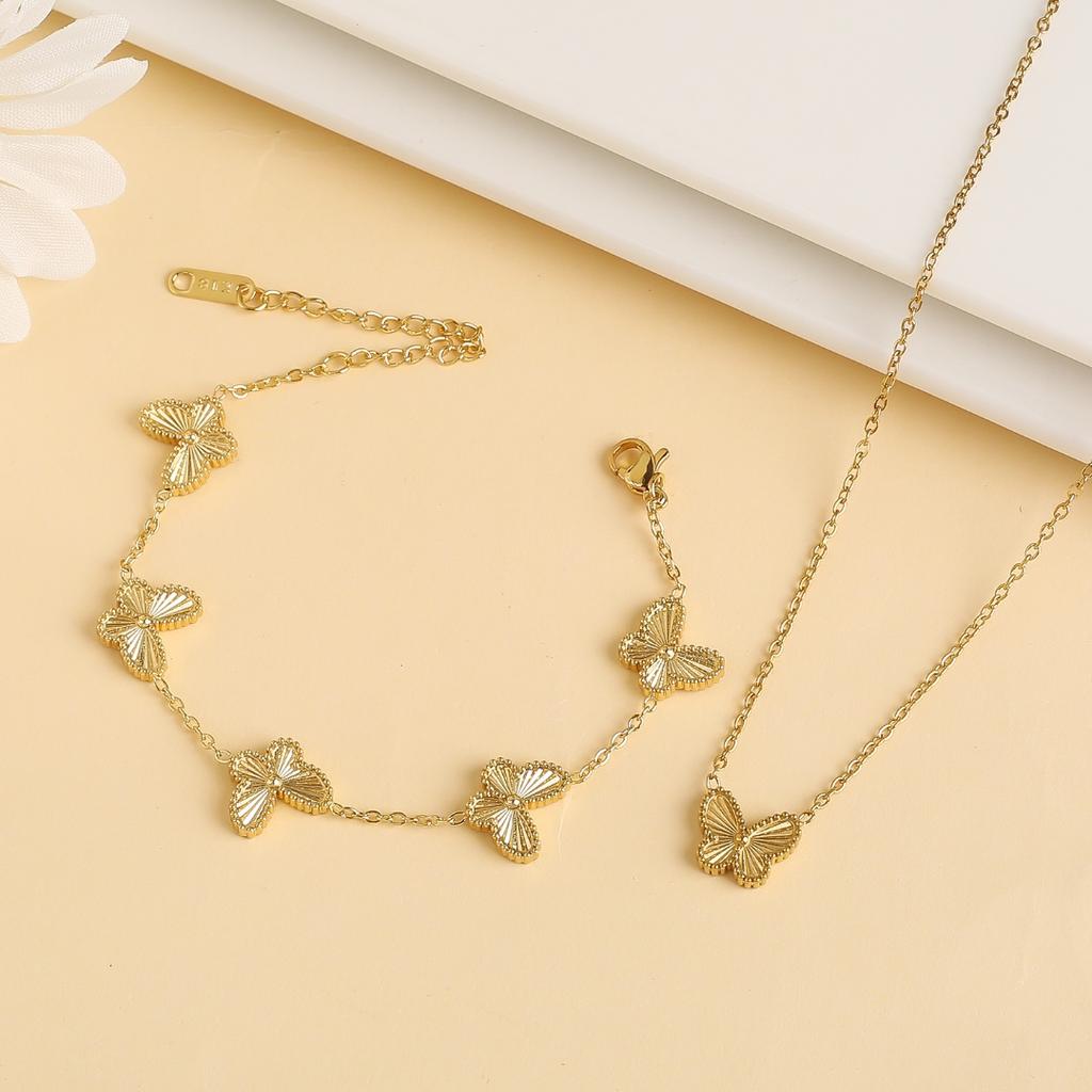 New High Quality Stainless Steel Laser Butterfly Zircon Set Bracelet Necklace Earrings Luxury Women's Party Zircon Clover