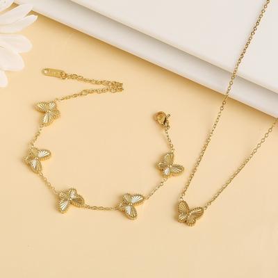 New High Quality Stainless Steel Laser Butterfly Zircon Set Bracelet Necklace Earrings Luxury Women's Party Zircon Clover