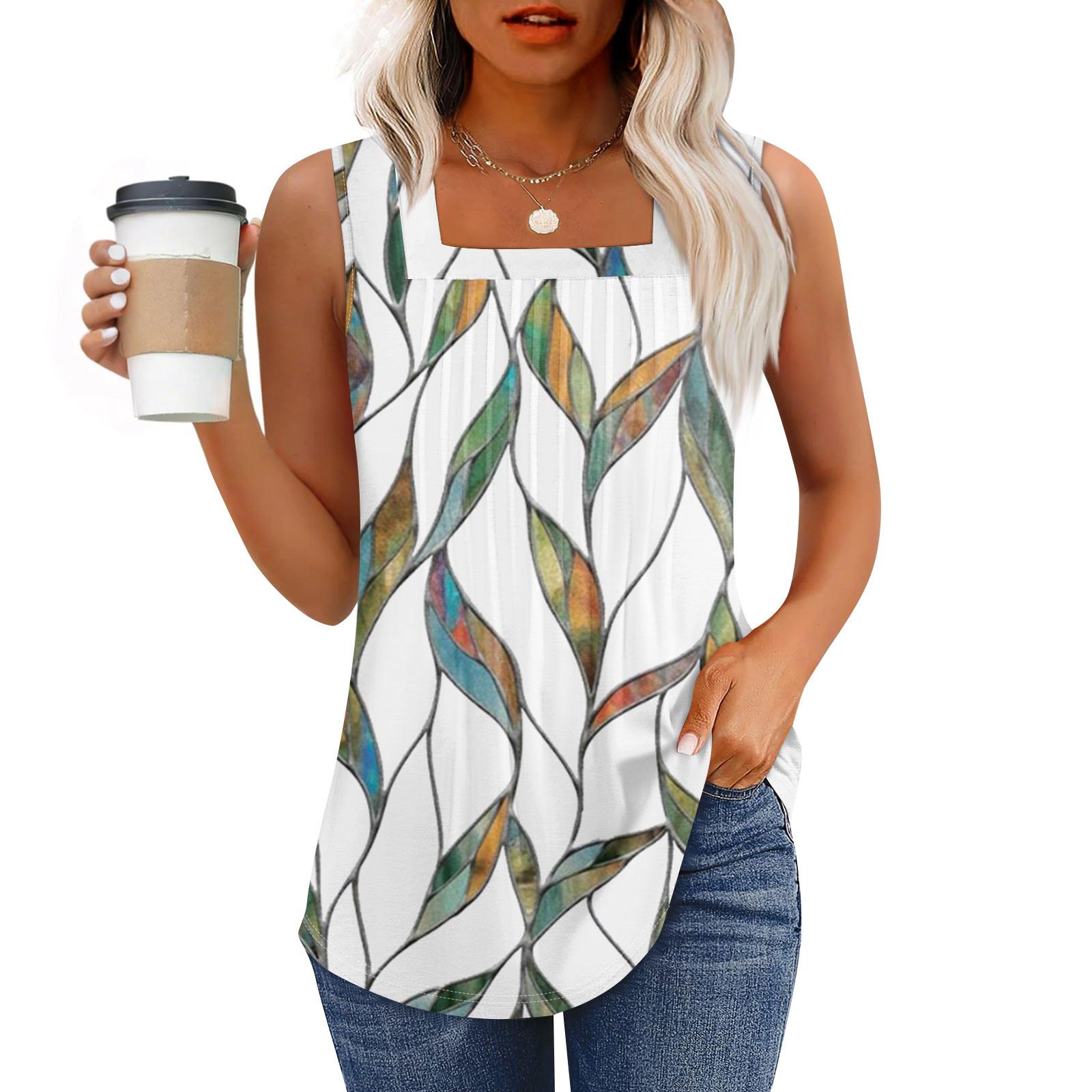 

Майка для женщин Летние наряды Без рукавов Блузки с принтом Повседневные свободные рубашки Плиссированные квадратные вырезы L белый