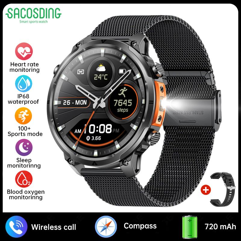 SACOSDING Smart Watch Men Outdoor Sports GPS Positioning Flashlight Altitude Air Pressure BT Calling Health Monitoring Smartwatch