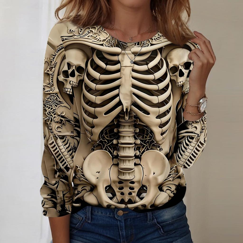 Women's Fashion Casual Long Sleeve Halloween Print Neck T-Shirt for Daily Wear