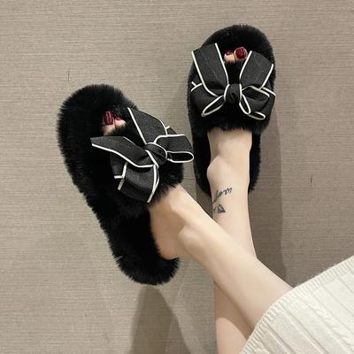 Chinelos fofos com laço peep toe, sola grossa feminina, moda outono, uso interno, coreano, casual, peludo, sola macia, plataforma, chinelos
