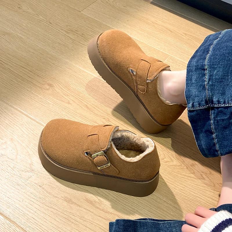 Fashion Women's Fashion Thick Sole Cotton Boots Winter New Round Head Suede Deep Mouth Metal Buckle Non-slip Low-top Shoes
