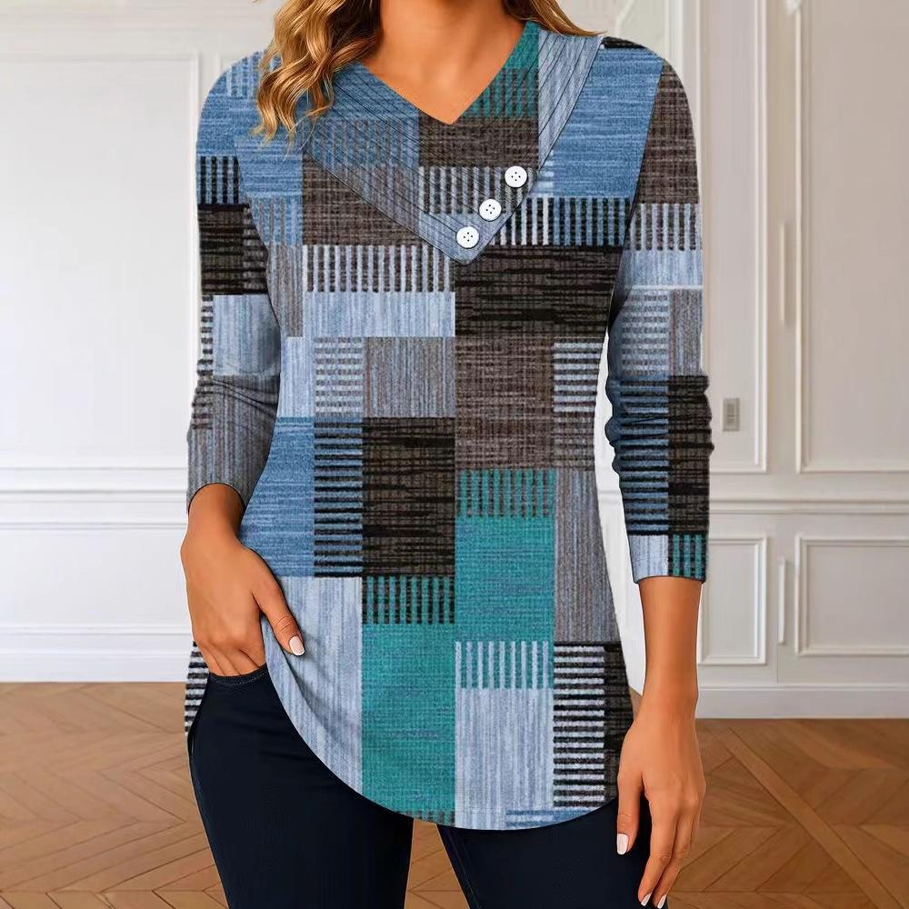 New Women's Casual V-neck Long-sleeved Pullover Regular Digital Print Women's T-shirt