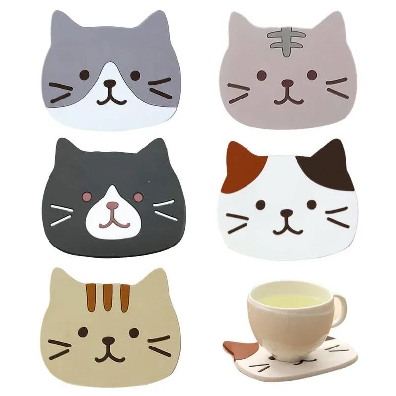 New Cute Cat Cup Coasters, Reusable Silicone Drink Coasters Non Slip, Washable Heat Resistant Glass Cup Rubber Pad Mat Novelty