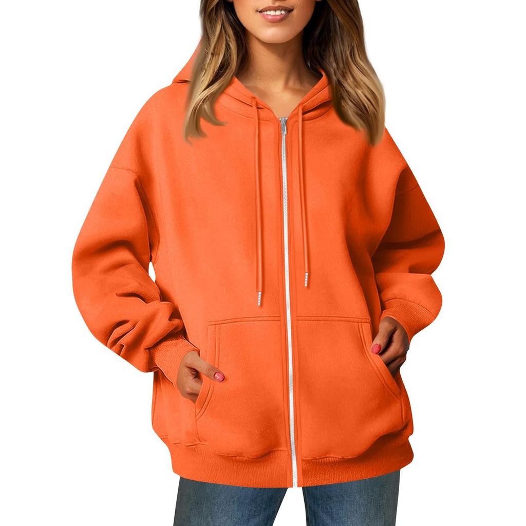 Damen Casual Fashion Solid Color Langarm Tasche Reißverschluss Kapuze Kordelzug Sweatshirt Jacke