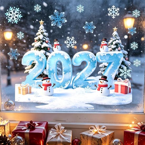 Decorative Glass Stickers 2027 Christmas Winter Window Cling, Static Sticker with Snowman, PVC Tree, Snowfalke, Removable Waterproof Door Decal Decals