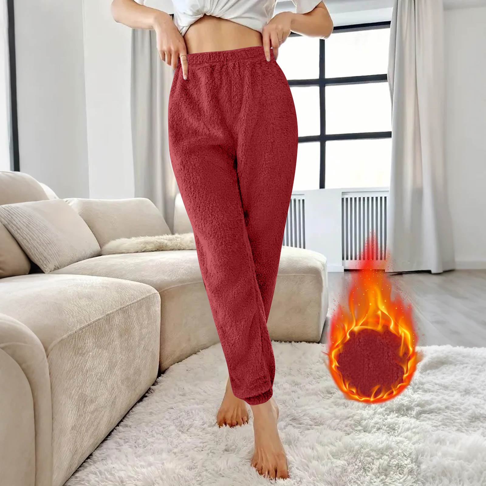 

Women s Fall/Winter Solid-Color Fashionable Fleece-Lined Casual Pants Loose-Fit Comfortable Fleece Pants XL винный