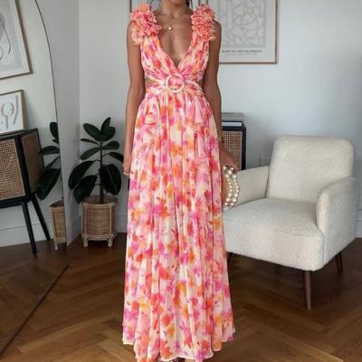 Autumn Europe, America, New Fashion and Leisure Home Floral Backless Waist Temperament French Dress Women