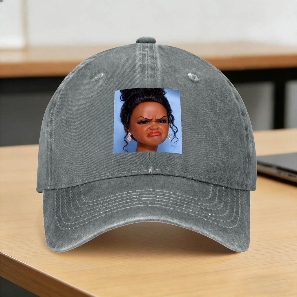 Angry Disgusted Black Doll Face Meme Washed Baseball Cap Fitted Retro Sun Trucker Hat Summer Women Unisex Kpop Rock Snapback Cap