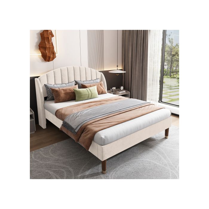 Lit tapissé - MUVOE - 160x200 cm - Velours beige - Montage facile - 2 places