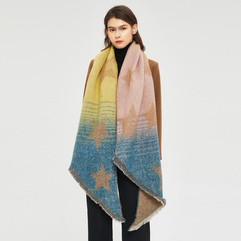 Women's Autumn Winter Thick Striped Star Print Scarf Warm Shawl
