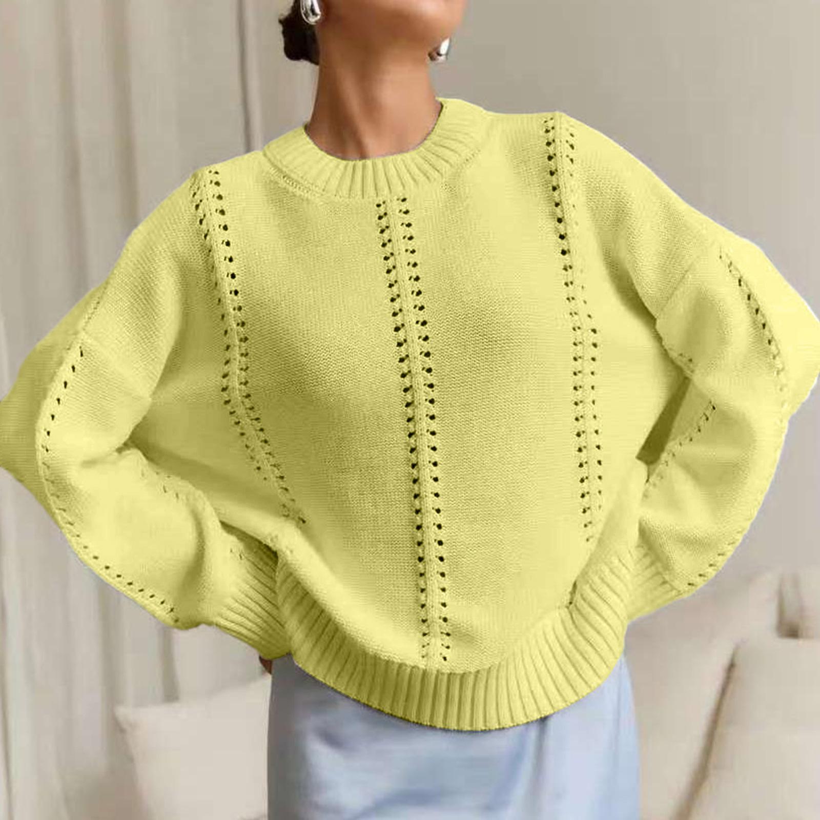 

Женский модный повседневный свободный ленивый стиль ажурный пуловер с длинным рукавом и круглым вырезом L жёлтый
