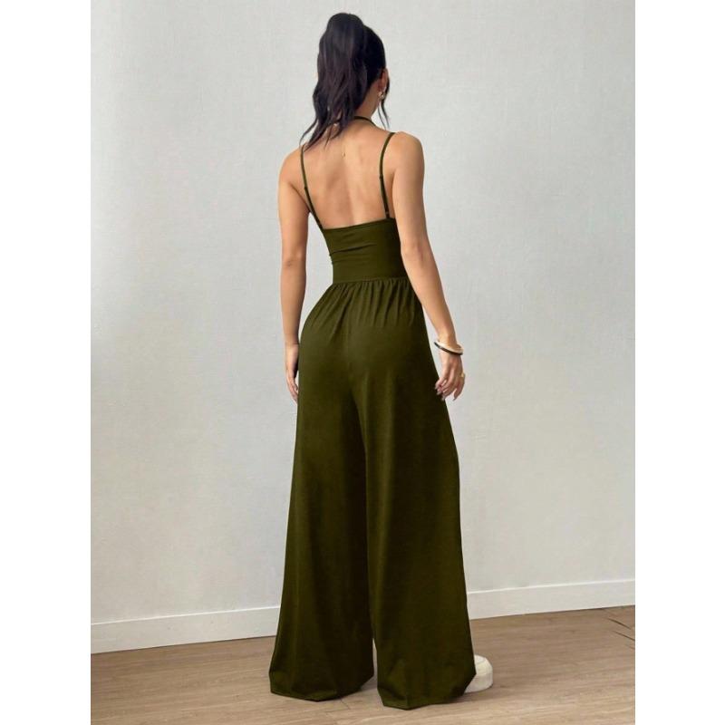 Solid Color Halter Sleeveless High Waist Wide Leg Casual Jumpsuit