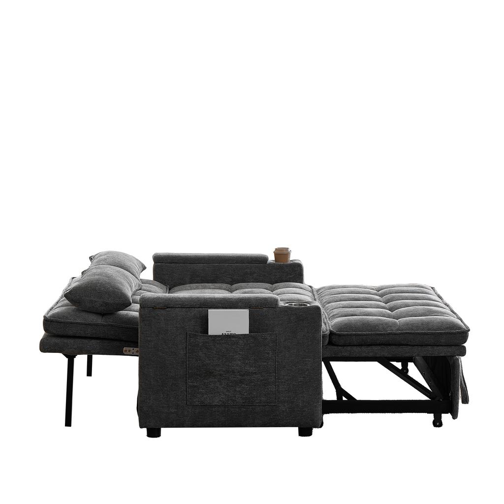 Um sofá-cama 3 em 1 com 142 cm de largura, função de reclinação, almofadas de assento e encosto macias como nuvens, duas almofadas lombares, arrumação, porta-copos