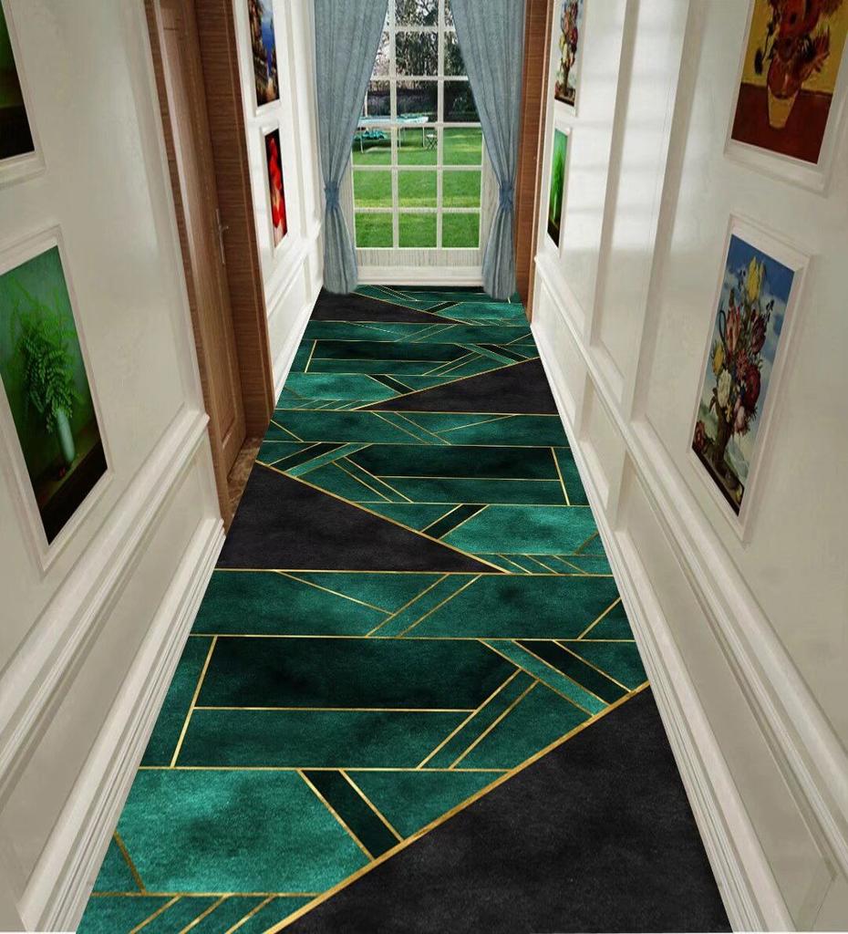 Modern Green Geometric Long Carpets Hallway Anti-slip Stairway Floor Mat Washable Luxury Rugs for Living Room Aisle Customizable