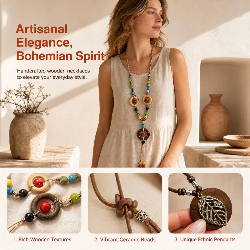 Boho Wooden Beaded Long Necklace Collar Decoration Female Jewelry Neck Accessories Ethnic Style Handmade Pendant Sweater Chain