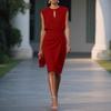 Retro Solid Color Cross Tie Cutout Round Neck Elegant Casual Dress for Women European American Style