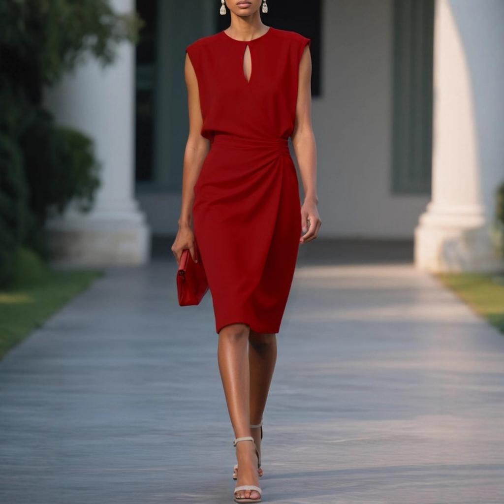 Retro Solid Color Cross Tie Cutout Round Neck Elegant Casual Dress for Women European American Style