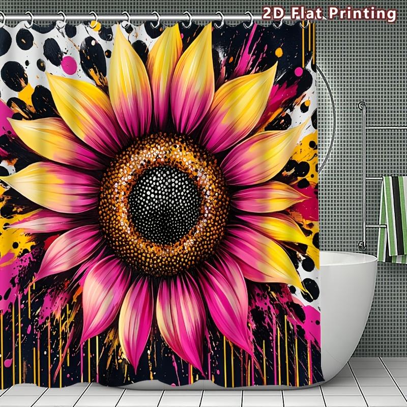4Pcs Sunflower Art Shower Curtain Set with Non-Slip Bath Mat, Toilet Lid Cover, Contour Rug & 12 Hooks, Bathroom Decor